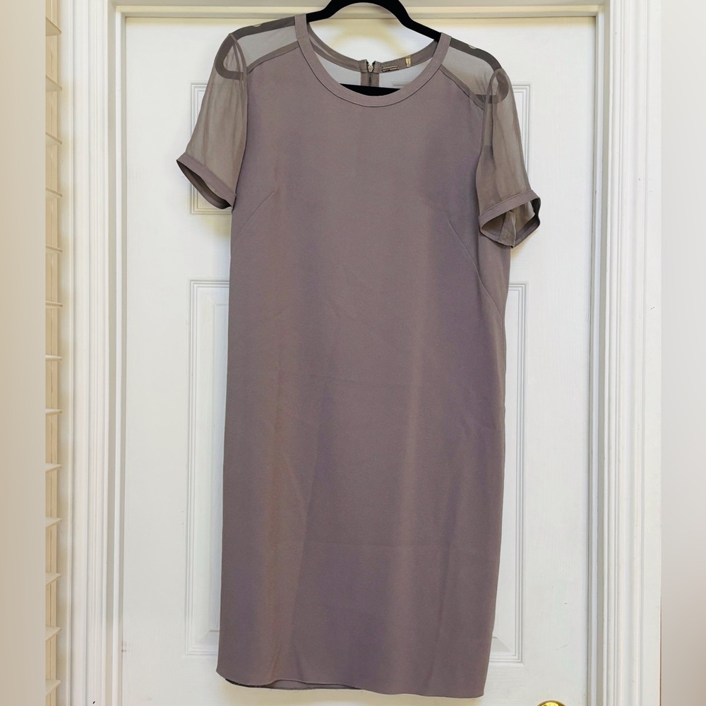 Elie Tahari Taupe Midi Dress with Sheer Sleeves
